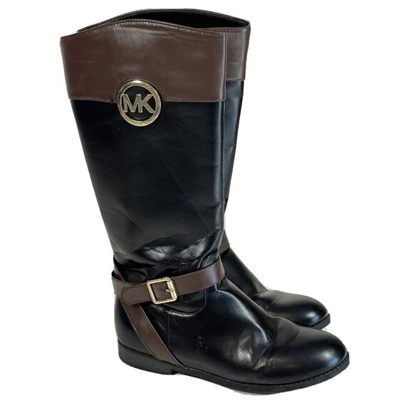 Michael Kors Womens Emma Blaire Tall Riding Boots Black Brown 5 Leather Logo - Picture 1 of 8
